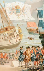 Die königliche Flagge Frankreichs über einem französischen Marineschiff des 18. Jahrhunderts, aus „XVIII Siècle Institutions, Usages et Costumes“, veröffentlicht 1875